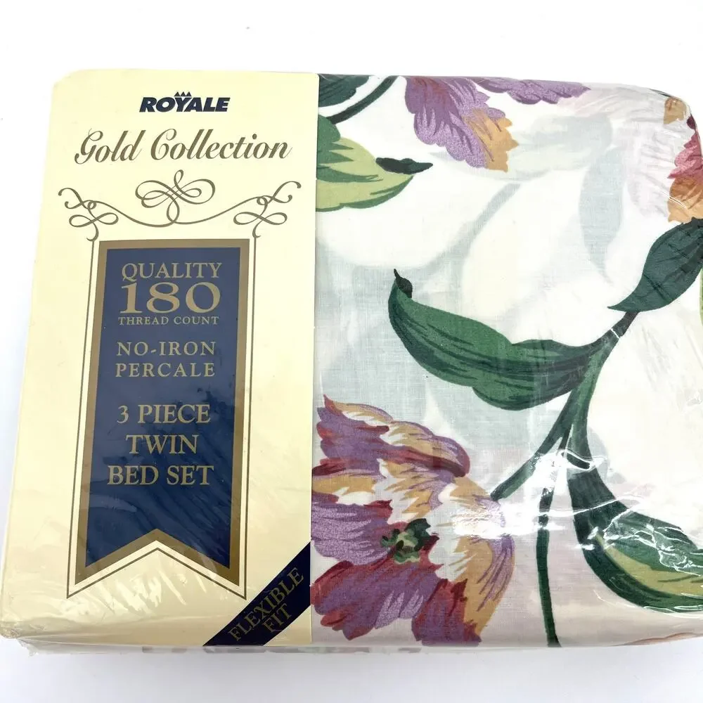 Vintage Royale Gold Collection Floral 3 Piece Twin Bed Set NEW in Package